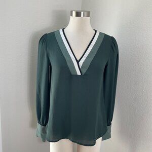 Express Womens Small V Neck Long‎ Sleeve Blouse Green Shirt Preppy Academia